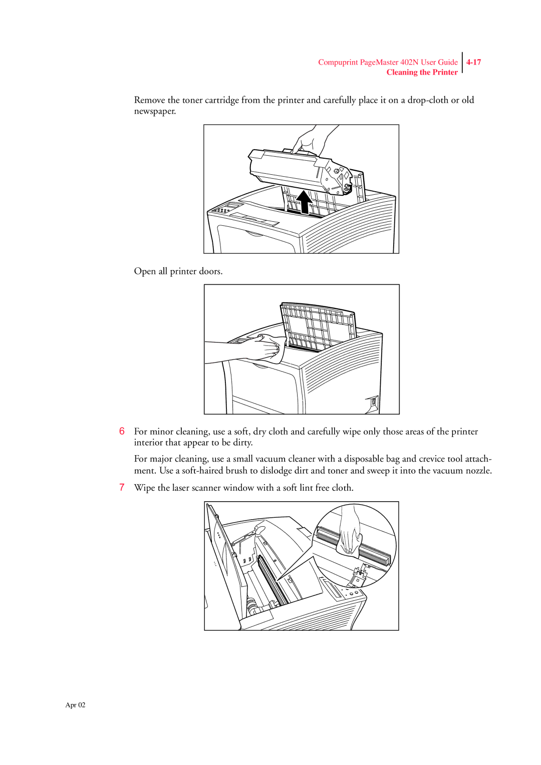 CPG PageMaster 402N manual Wipe the laser scanner window with a soft lint free cloth 