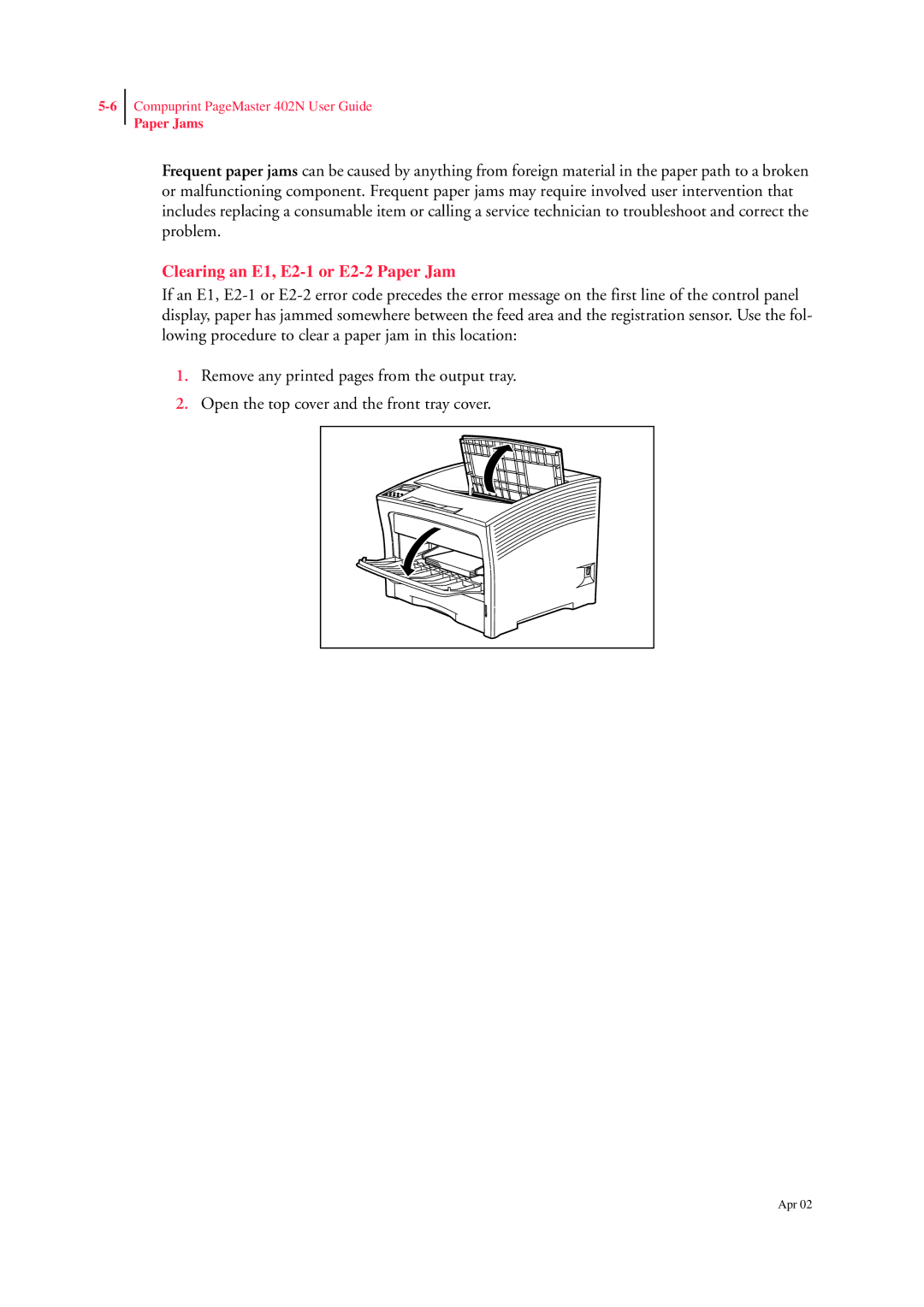 CPG PageMaster 402N manual Clearing an E1, E2-1 or E2-2 Paper Jam 