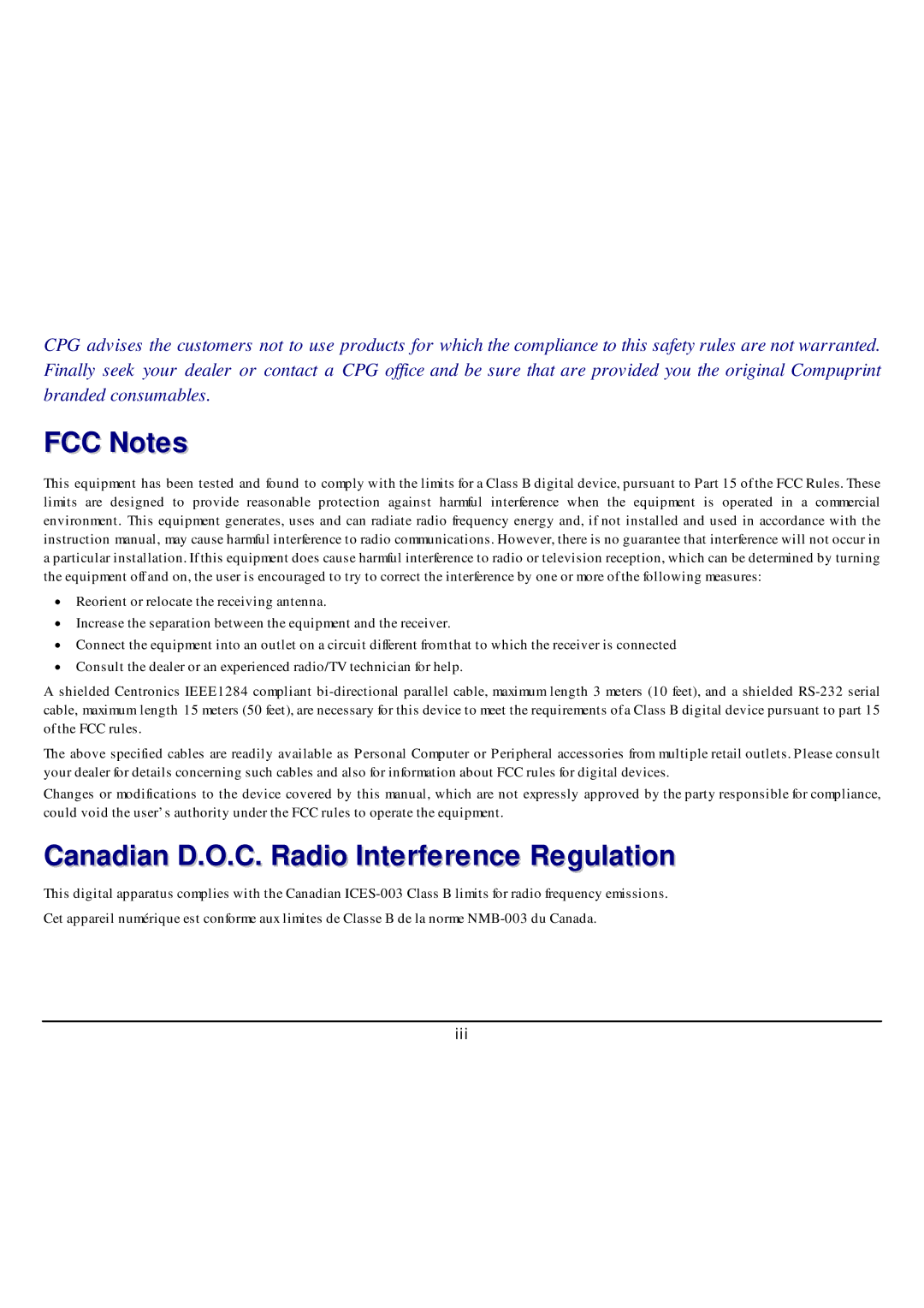 CPG SP40 manual FCC Notes, Canadian D.O.C. Radio Interference Regulation 