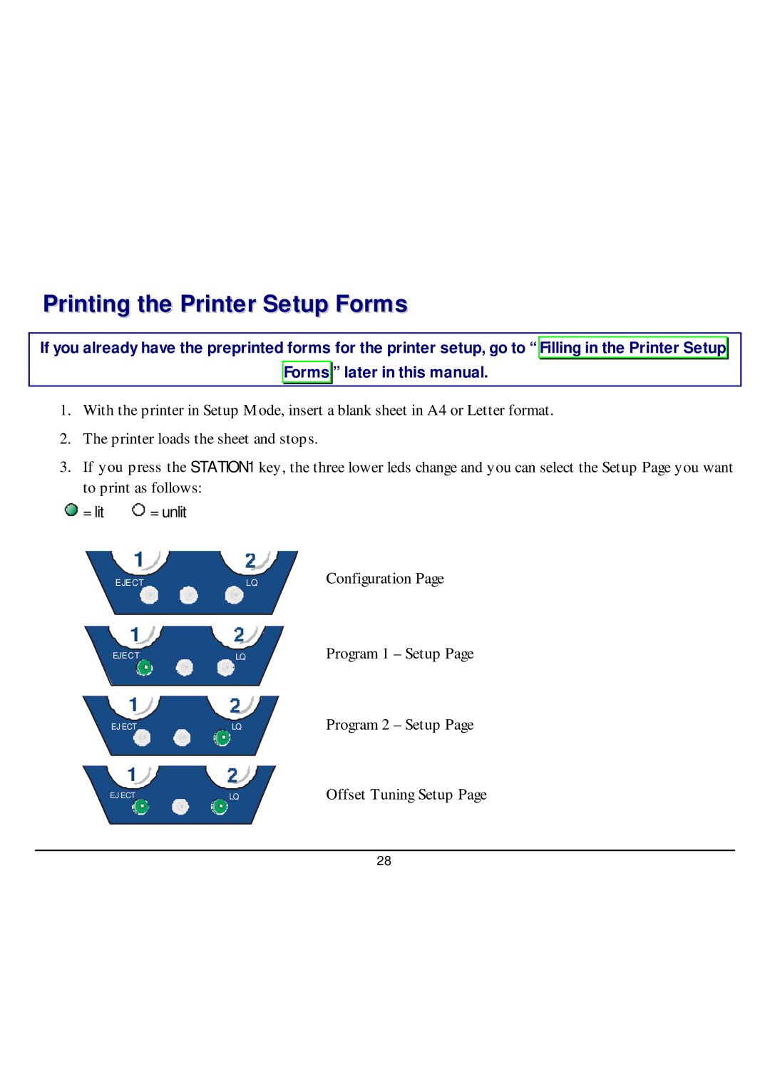 CPG SP40 manual Printing the Printer Setup Forms 