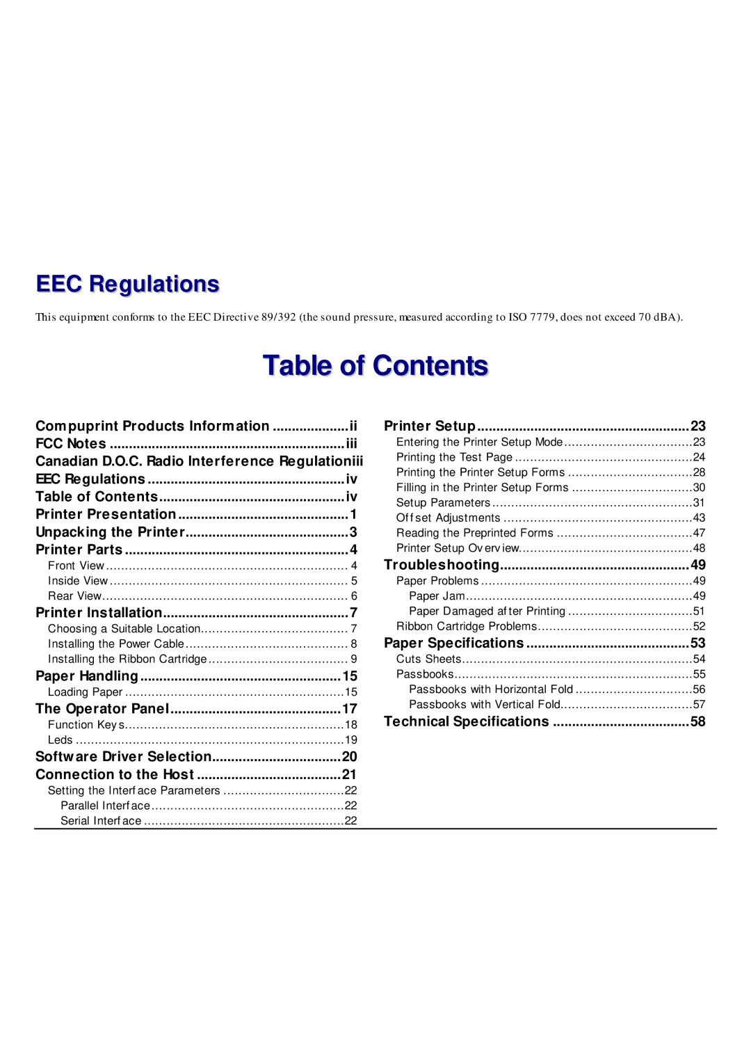 CPG SP40 manual Table of Contents 