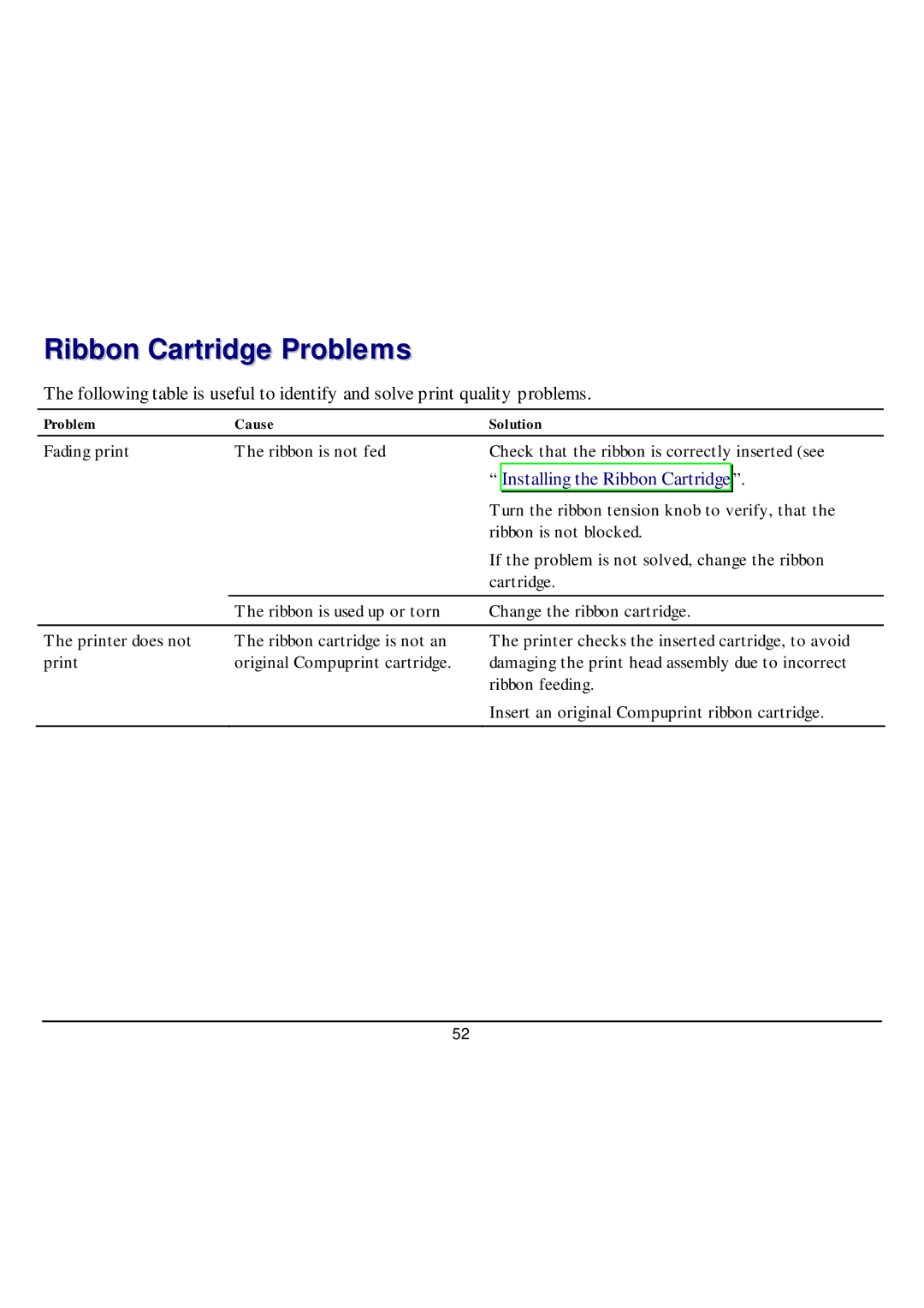 CPG SP40 manual Ribbon Cartridge Problems, Installing the Ribbon Cartridge 