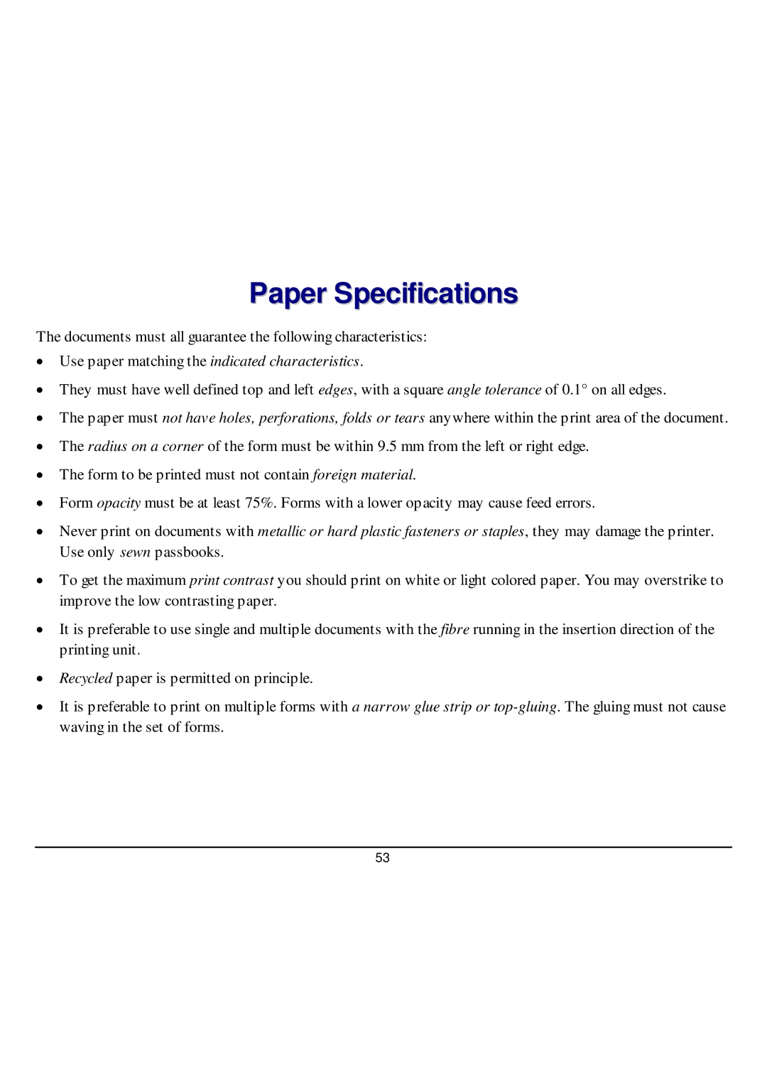 CPG SP40 manual Paper Specifications, Use paper matching the indicated characteristics 