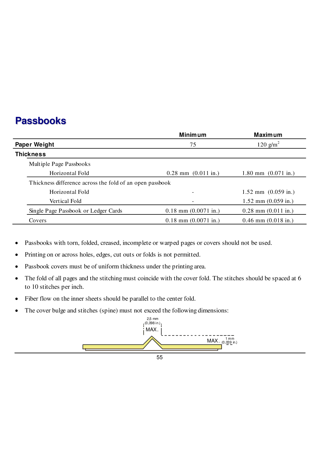 CPG SP40 manual Passbooks, Thickness 