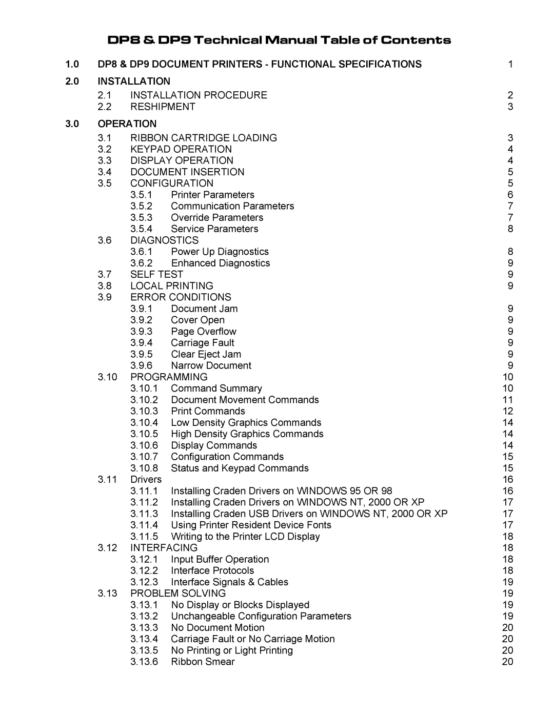 Craden Peripherals technical manual DP8 & DP9 Technical Manual Table of Contents, Operation 