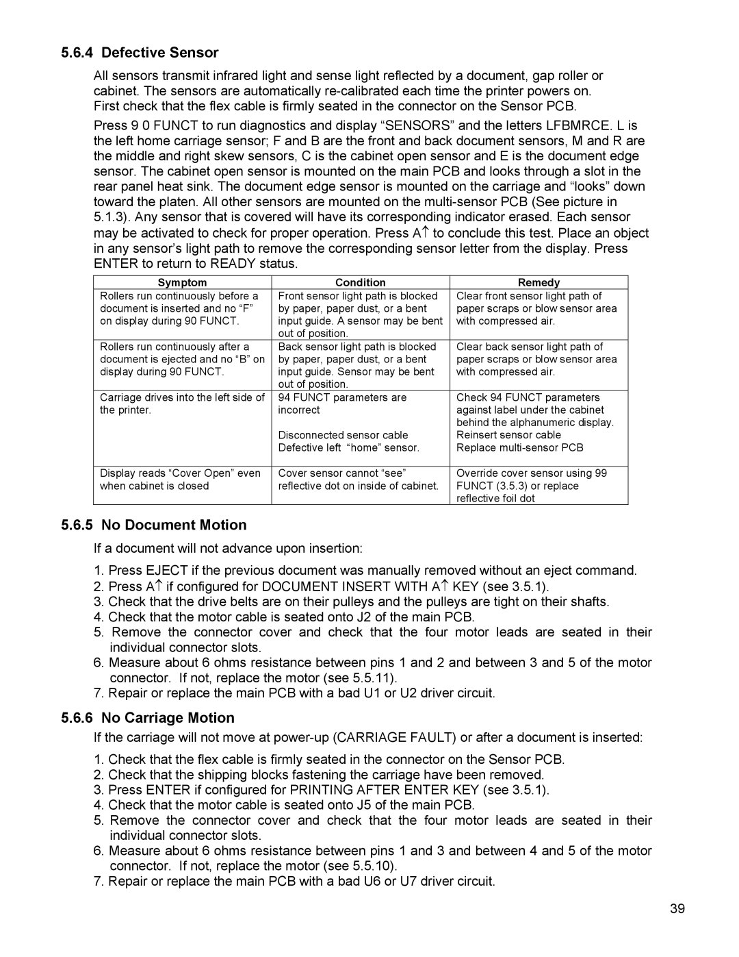 Craden Peripherals DP8 technical manual Defective Sensor, No Document Motion, No Carriage Motion 