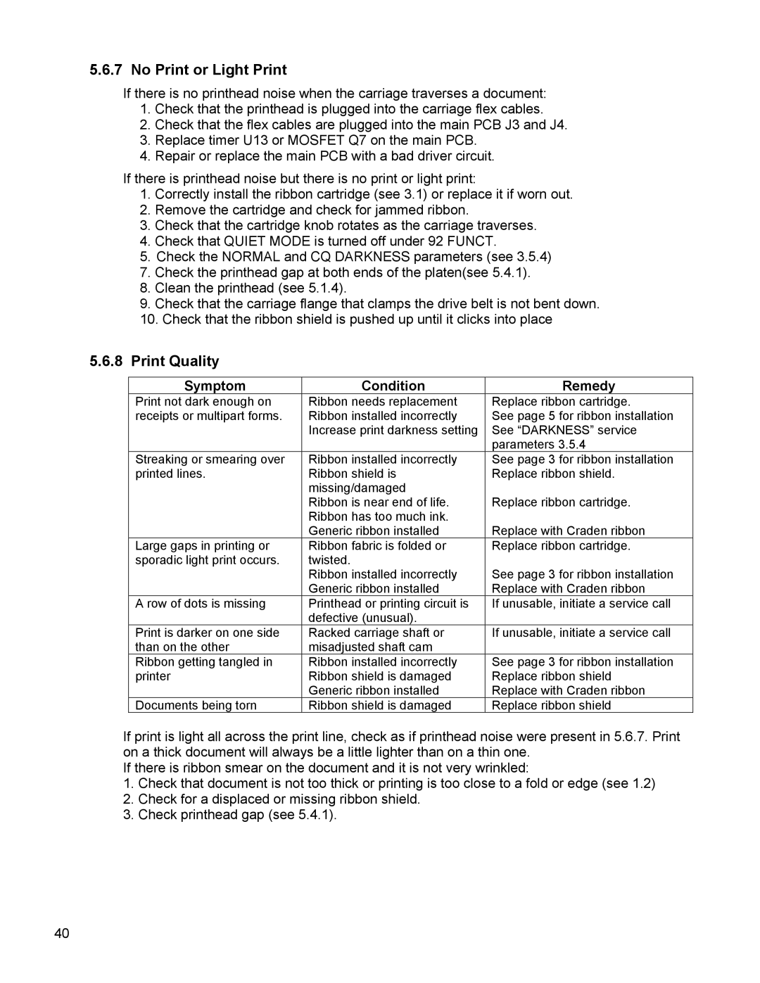 Craden Peripherals DP8 technical manual No Print or Light Print, Print Quality, Symptom Condition Remedy 