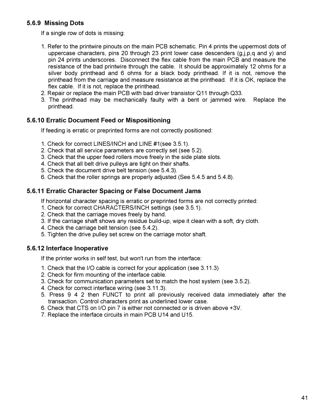 Craden Peripherals DP8 technical manual Missing Dots, Erratic Document Feed or Mispositioning, Interface Inoperative 