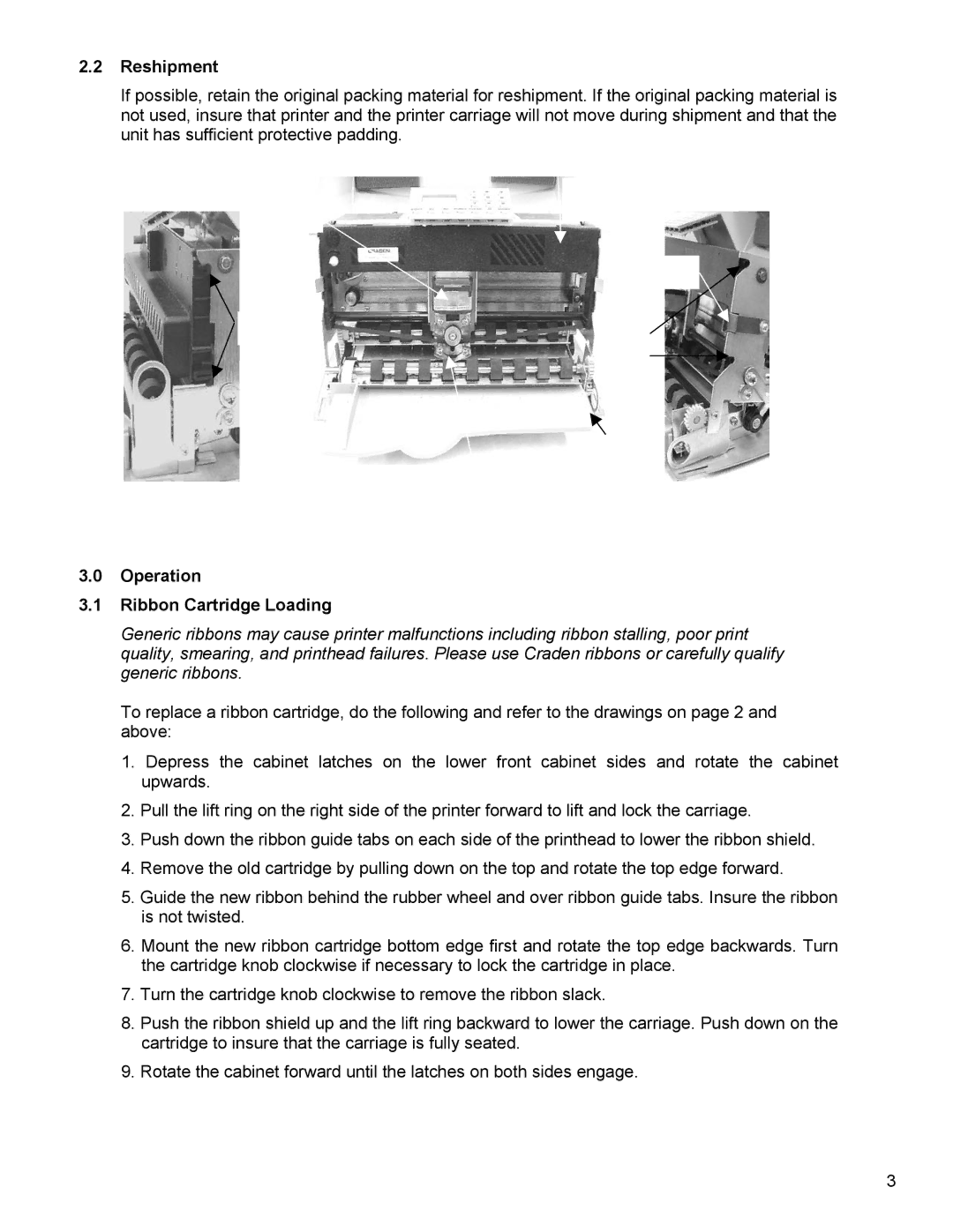 Craden Peripherals DP8 technical manual Reshipment, Operation Ribbon Cartridge Loading 