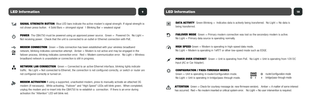 Cradlepoint CBA750 setup guide LED Information, Configuration / PASS-THROUGH Modes 
