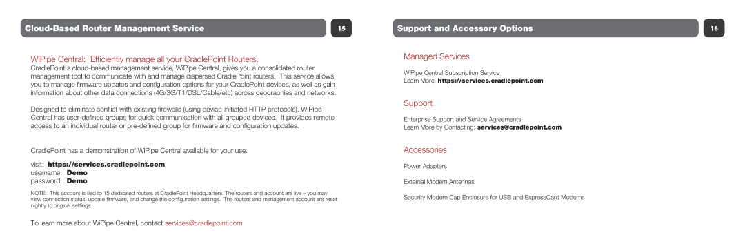 Cradlepoint CBA750 setup guide Cloud-Based Router Management Service, Support and Accessory Options 