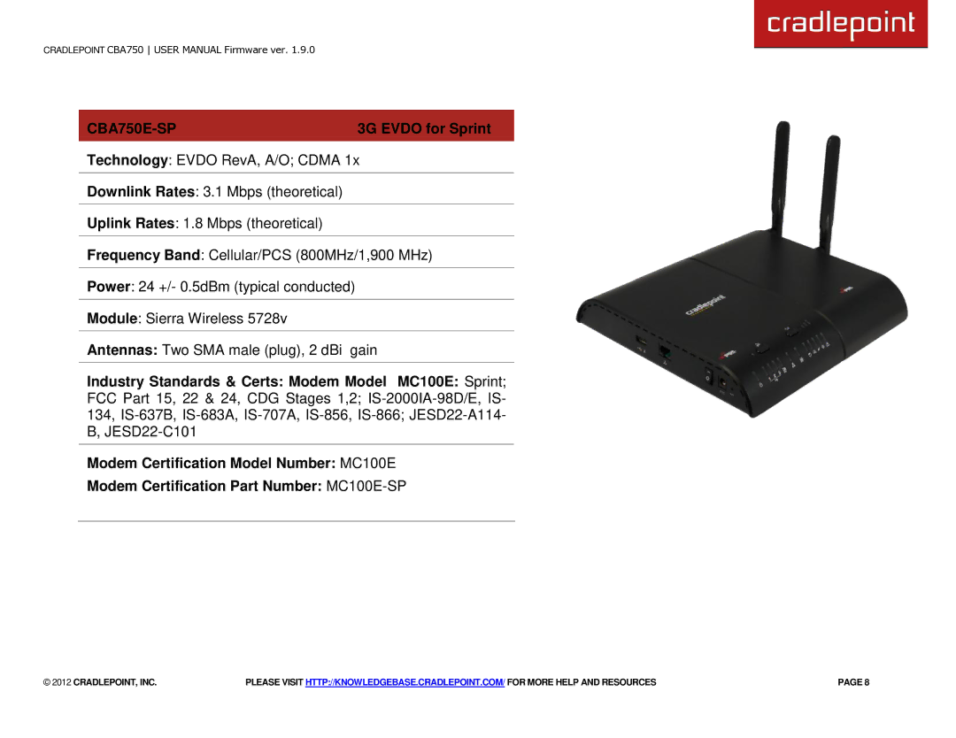 Cradlepoint manual CBA750E-SP, 3G Evdo for Sprint 