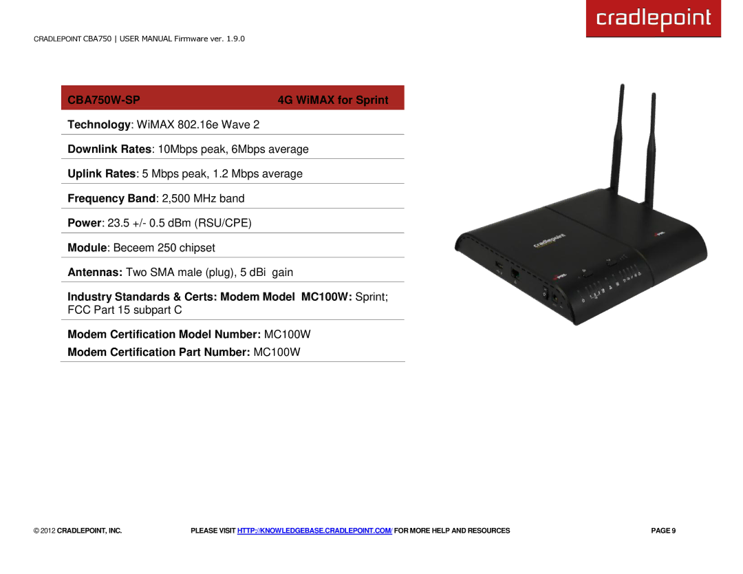 Cradlepoint manual CBA750W-SP, 4G WiMAX for Sprint 