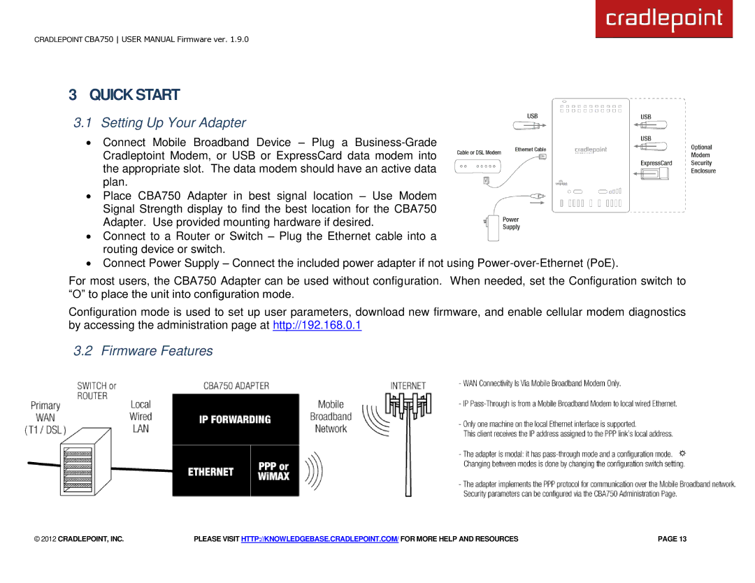 Cradlepoint CBA750 manual Setting Up Your Adapter, Firmware Features 