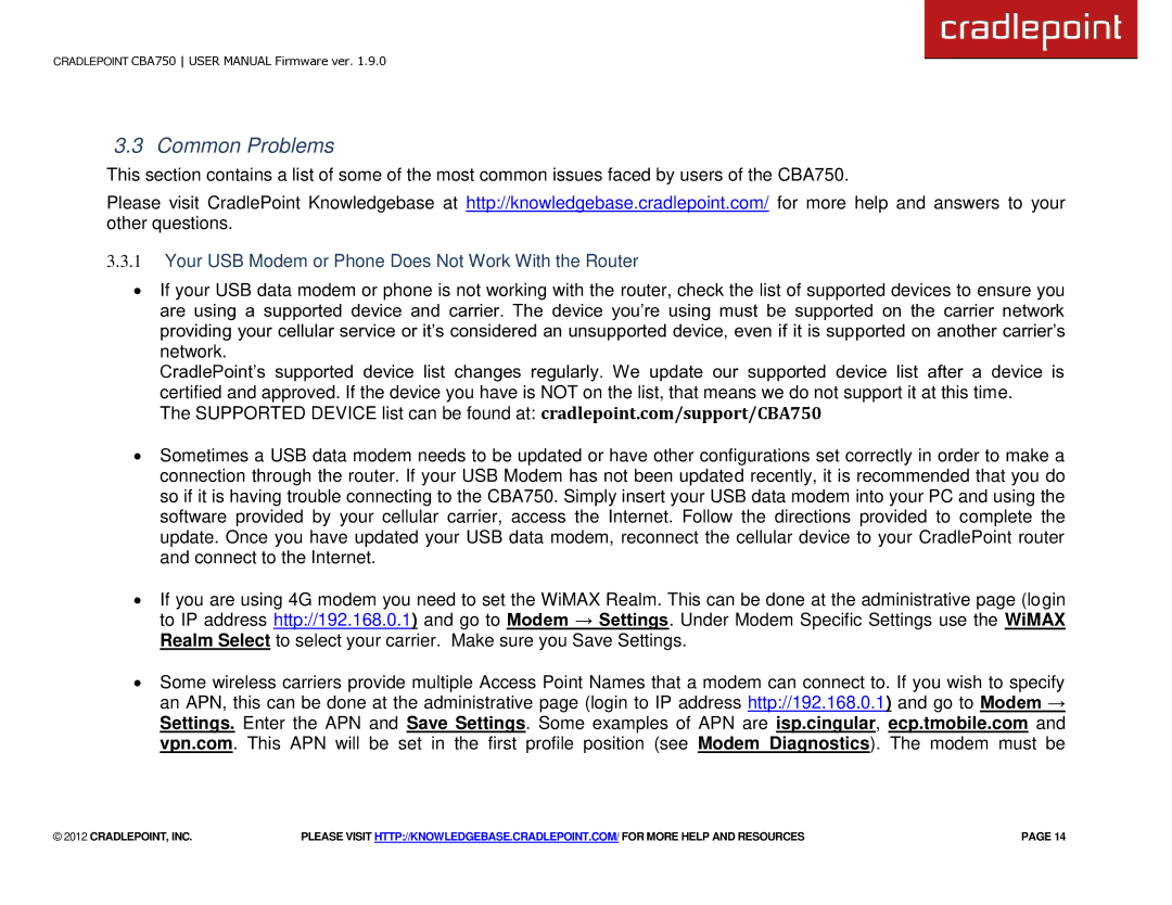 Cradlepoint CBA750 manual Common Problems, Your USB Modem or Phone Does Not Work With the Router 