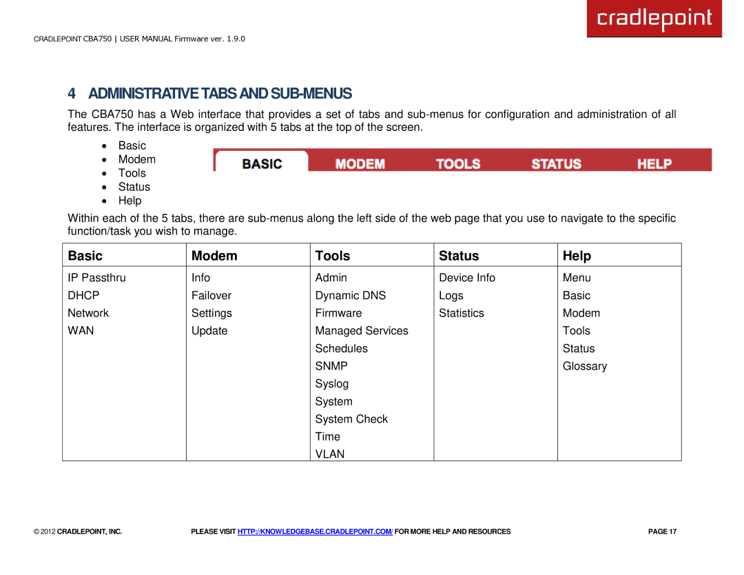 Cradlepoint CBA750 manual Administrative Tabs and SUB-MENUS 