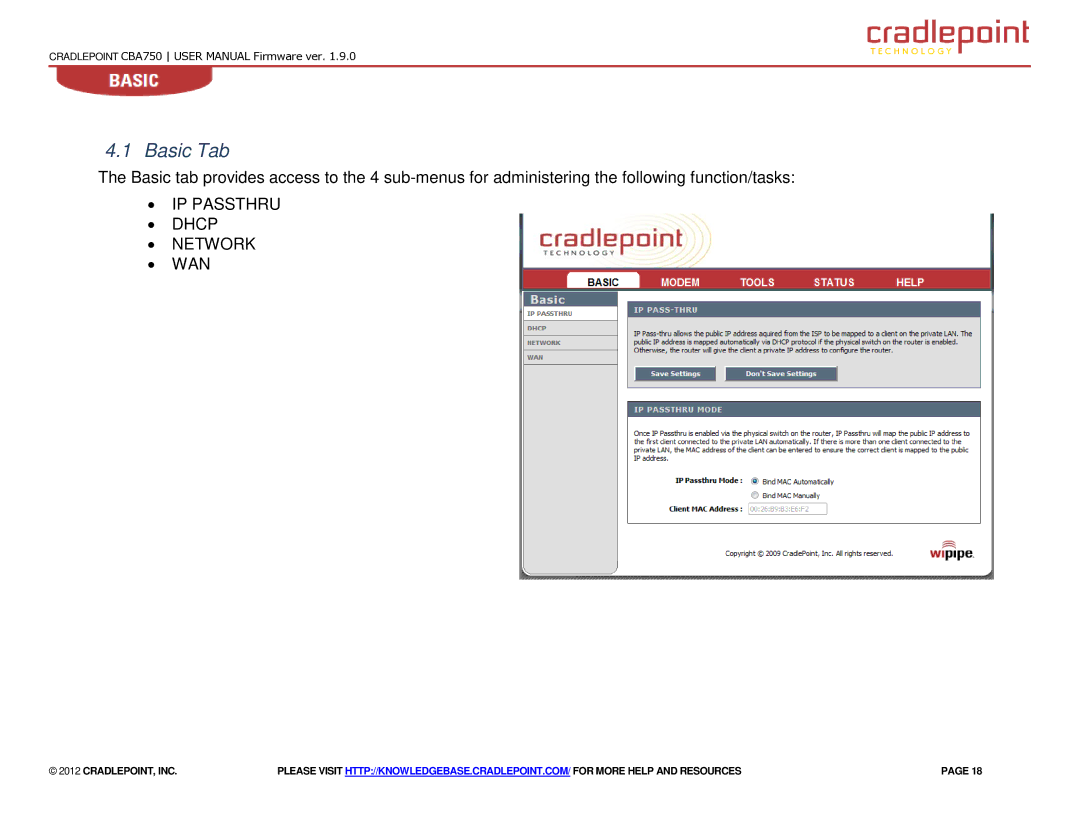 Cradlepoint CBA750 manual Basic Tab 