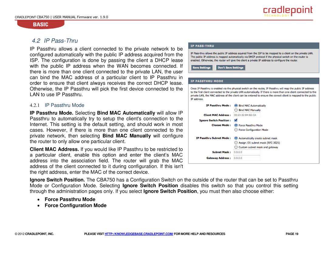 Cradlepoint CBA750 manual IP Pass-Thru, IP Passthru Mode, ∙ Force Passthru Mode ∙ Force Configuration Mode 