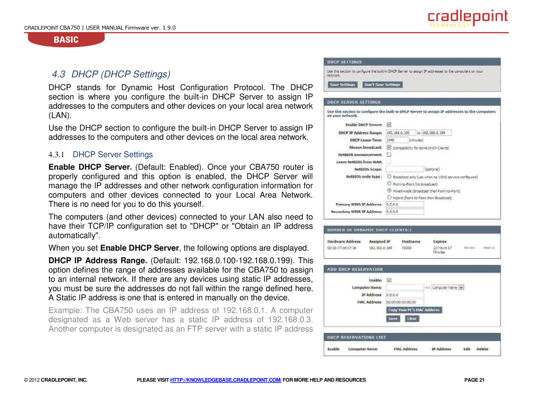 Cradlepoint CBA750 manual Dhcp Dhcp Settings, Dhcp Server Settings 