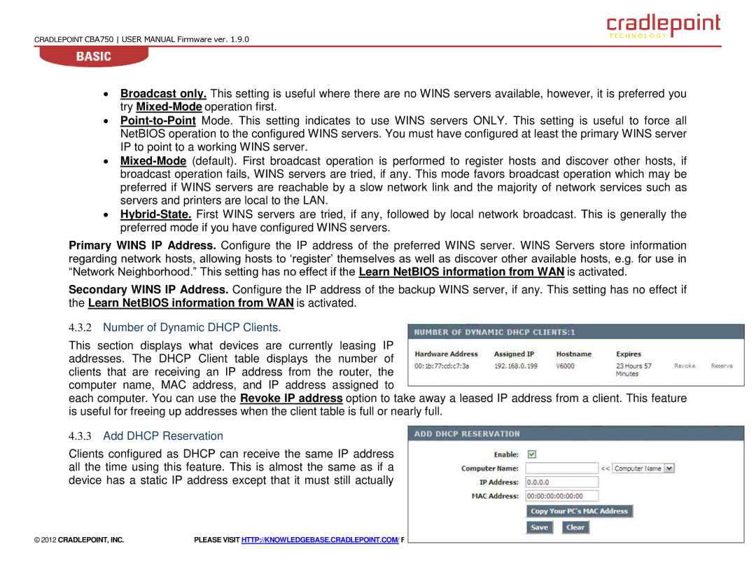 Cradlepoint CBA750 manual Number of Dynamic Dhcp Clients, Add Dhcp Reservation 