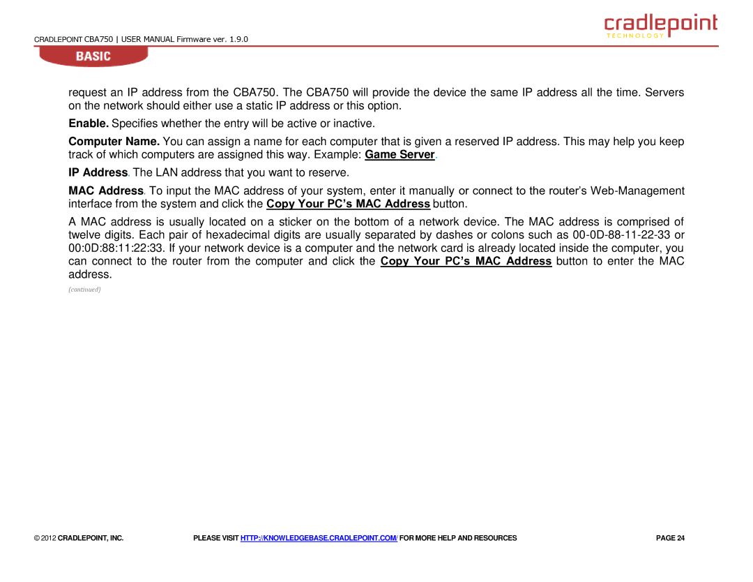 Cradlepoint CBA750 manual Cradlepoint, Inc 