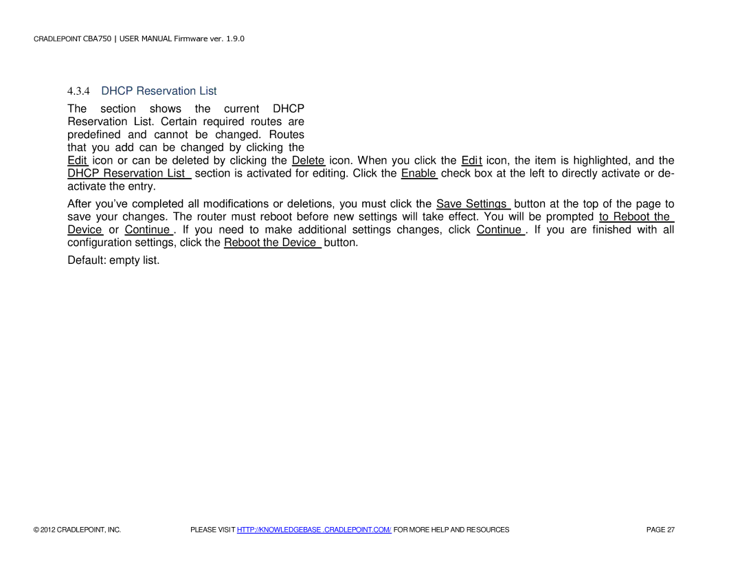 Cradlepoint CBA750 manual Dhcp Reservation List 