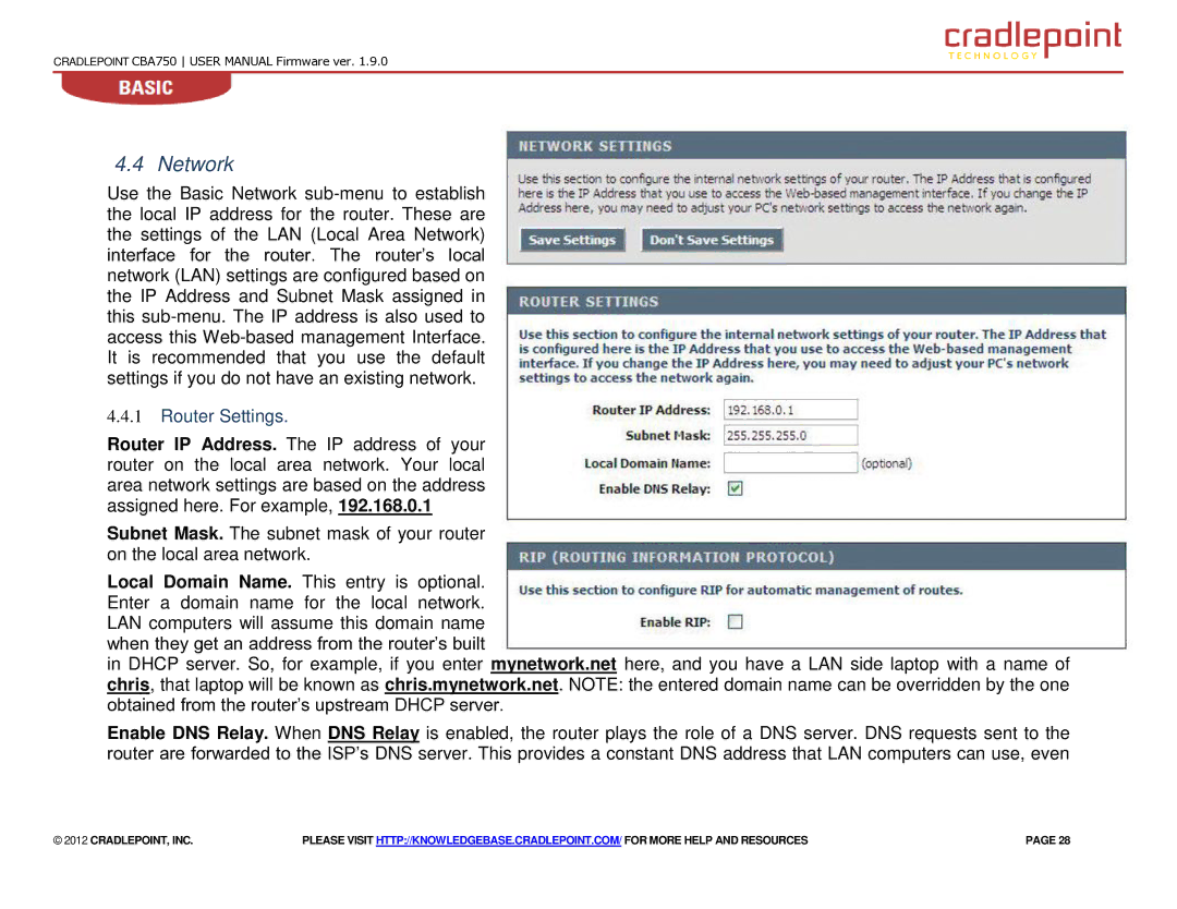 Cradlepoint CBA750 manual Network, Router Settings 