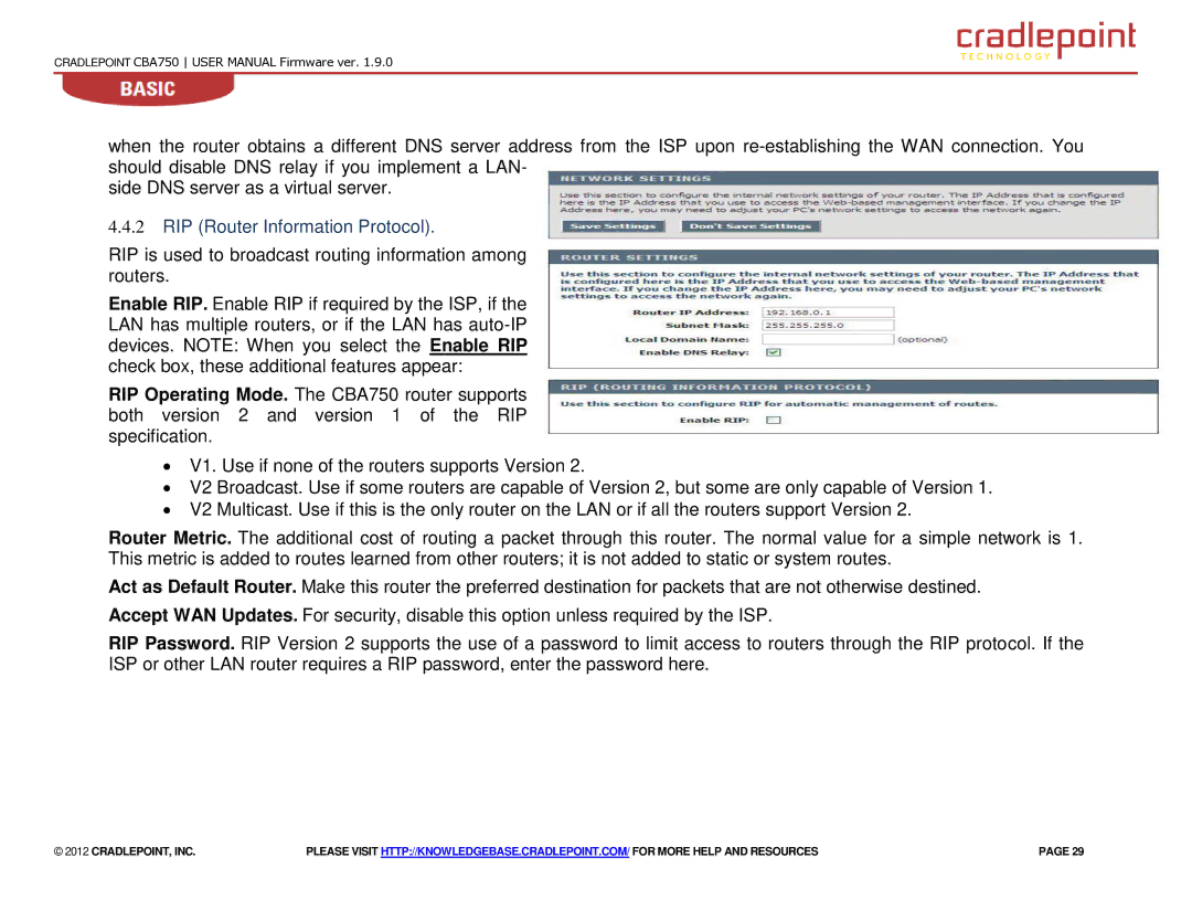 Cradlepoint CBA750 manual RIP Router Information Protocol 