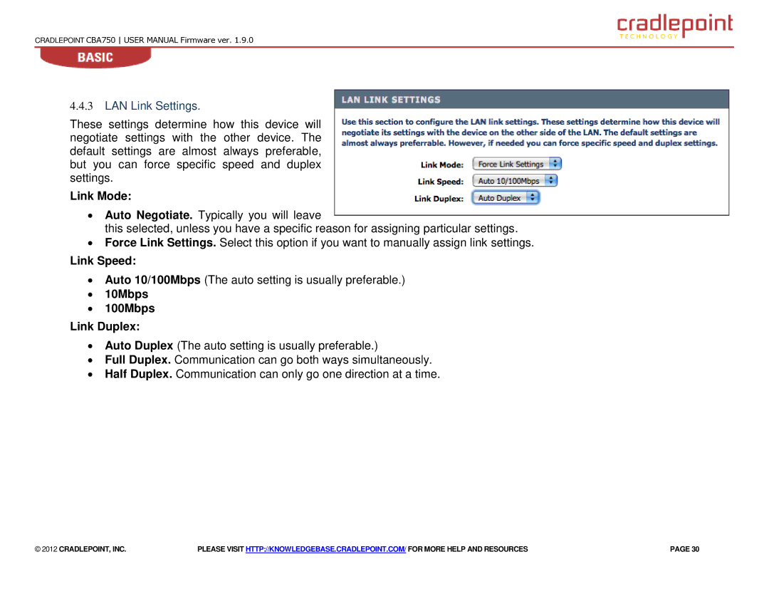 Cradlepoint CBA750 manual LAN Link Settings, Link Mode, Link Speed, ∙ 10Mbps ∙ 100Mbps Link Duplex 