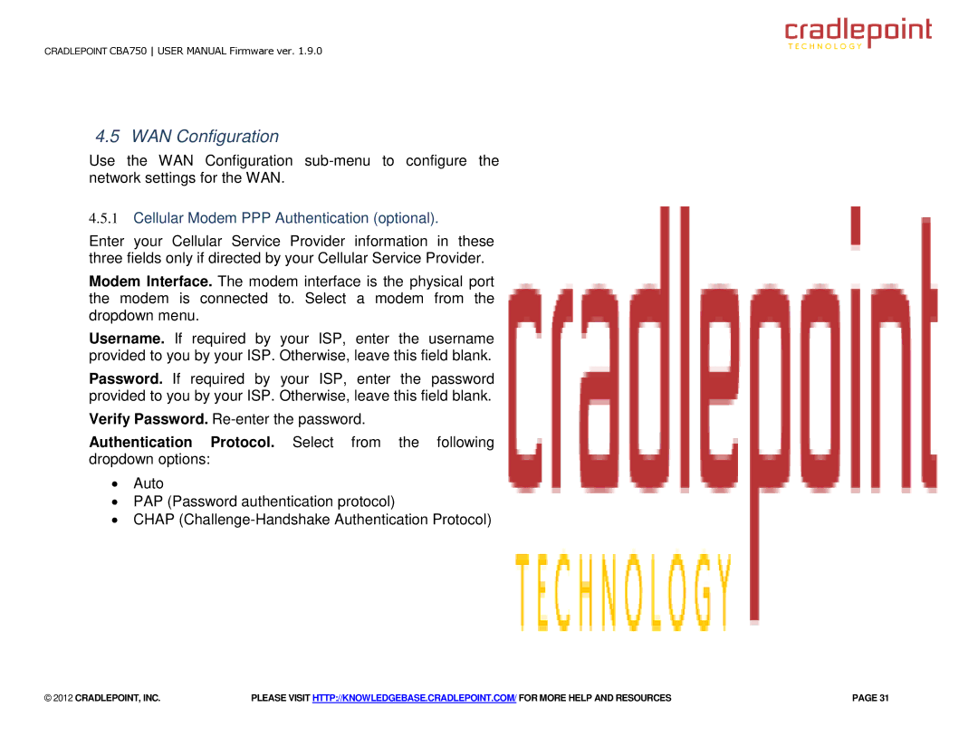 Cradlepoint CBA750 manual WAN Configuration, Cellular Modem PPP Authentication optional 