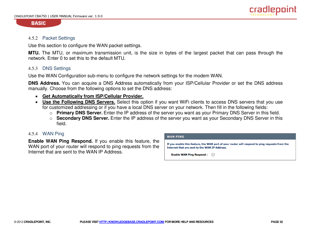 Cradlepoint CBA750 manual Packet Settings, DNS Settings, ∙ Get Automatically from ISP/Cellular Provider, WAN Ping 