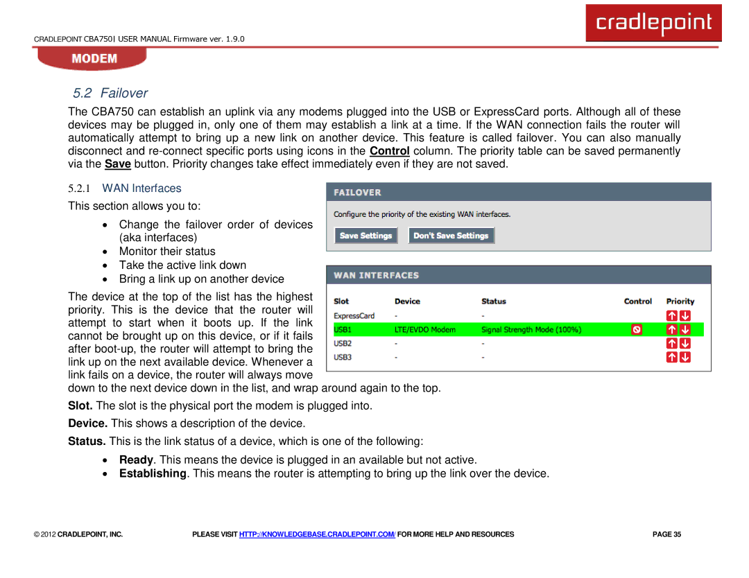 Cradlepoint CBA750 manual Failover, WAN Interfaces This section allows you to 