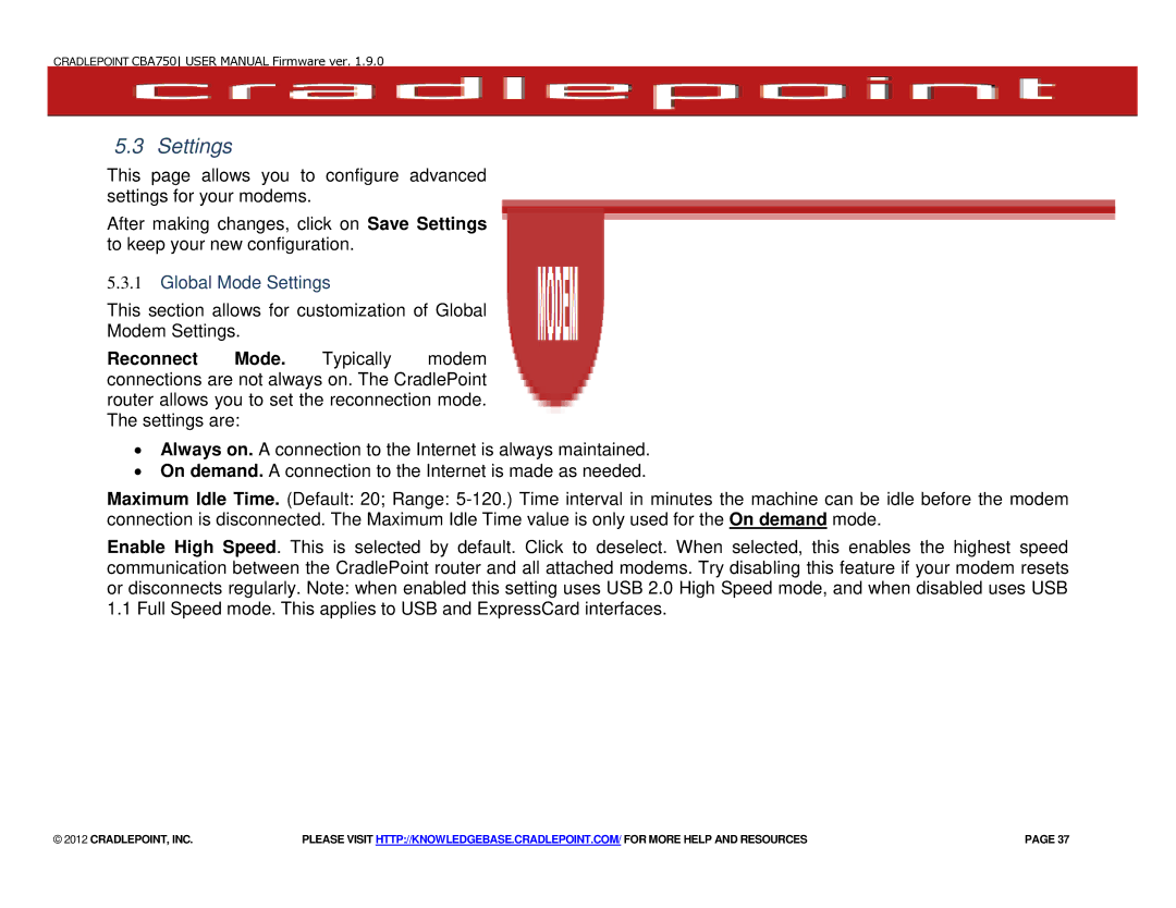 Cradlepoint CBA750 manual Global Mode Settings 