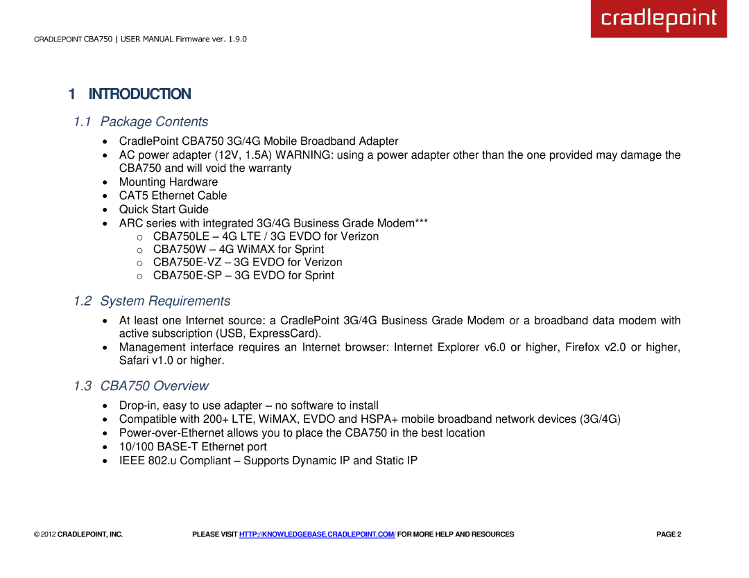 Cradlepoint manual Package Contents, System Requirements, CBA750 Overview 