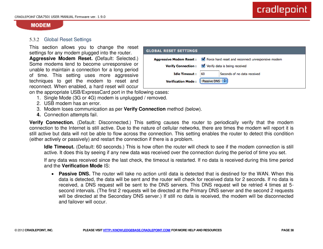 Cradlepoint CBA750 manual Global Reset Settings 