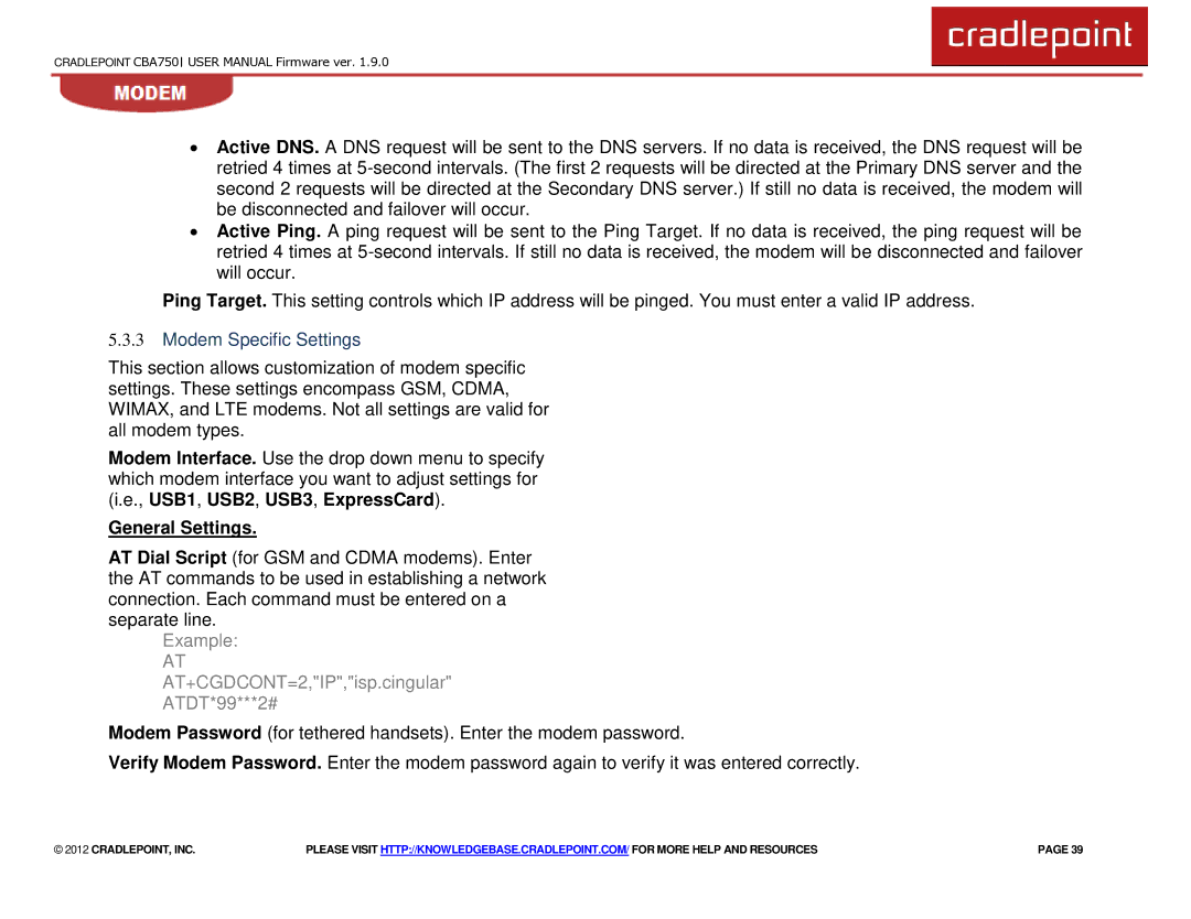 Cradlepoint CBA750 manual Modem Specific Settings, General Settings 