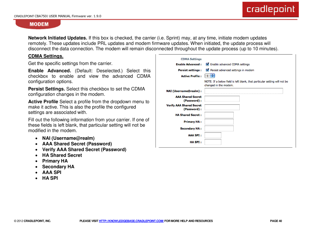 Cradlepoint CBA750 manual Cdma Settings, ∙ Aaa Spi ∙ Ha Spi 