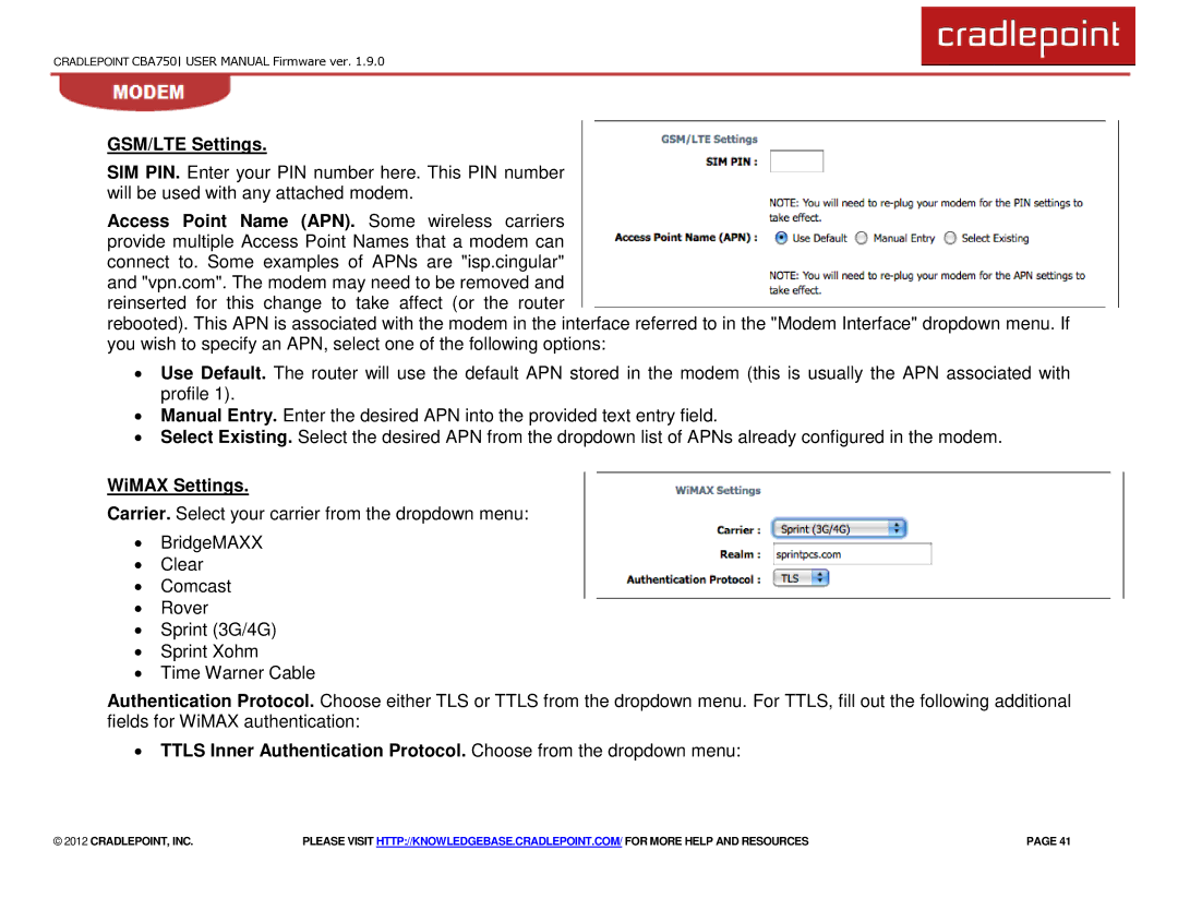 Cradlepoint CBA750 manual GSM/LTE Settings, WiMAX Settings 