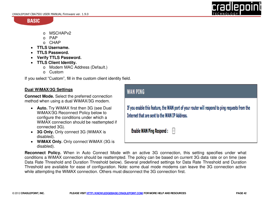 Cradlepoint CBA750 manual Dual WiMAX/3G Settings 