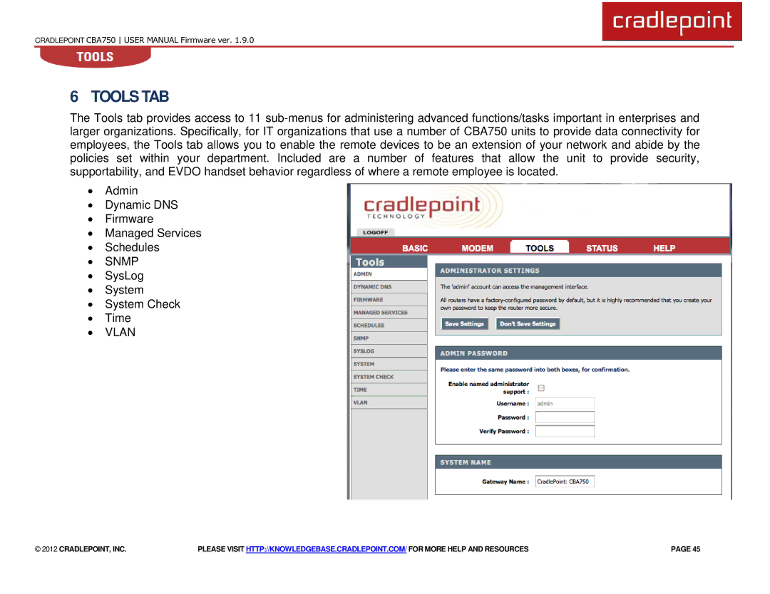 Cradlepoint CBA750 manual Tools TAB 