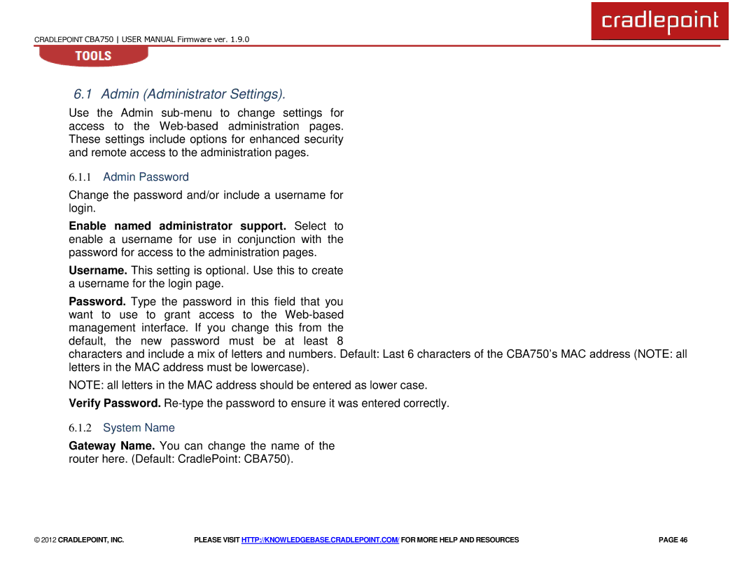 Cradlepoint CBA750 manual Admin Administrator Settings, Admin Password, System Name 