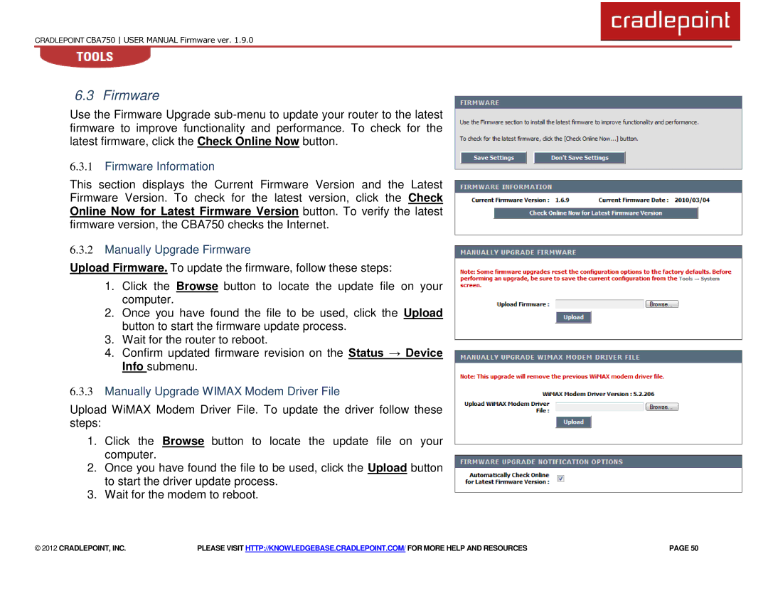 Cradlepoint CBA750 manual Firmware Information, Manually Upgrade Firmware, Manually Upgrade Wimax Modem Driver File 