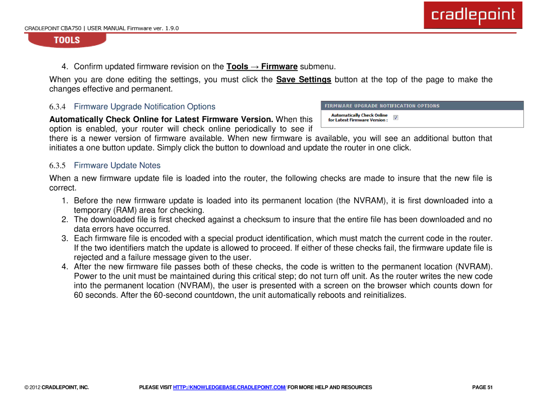 Cradlepoint CBA750 manual Firmware Upgrade Notification Options, Firmware Update Notes 