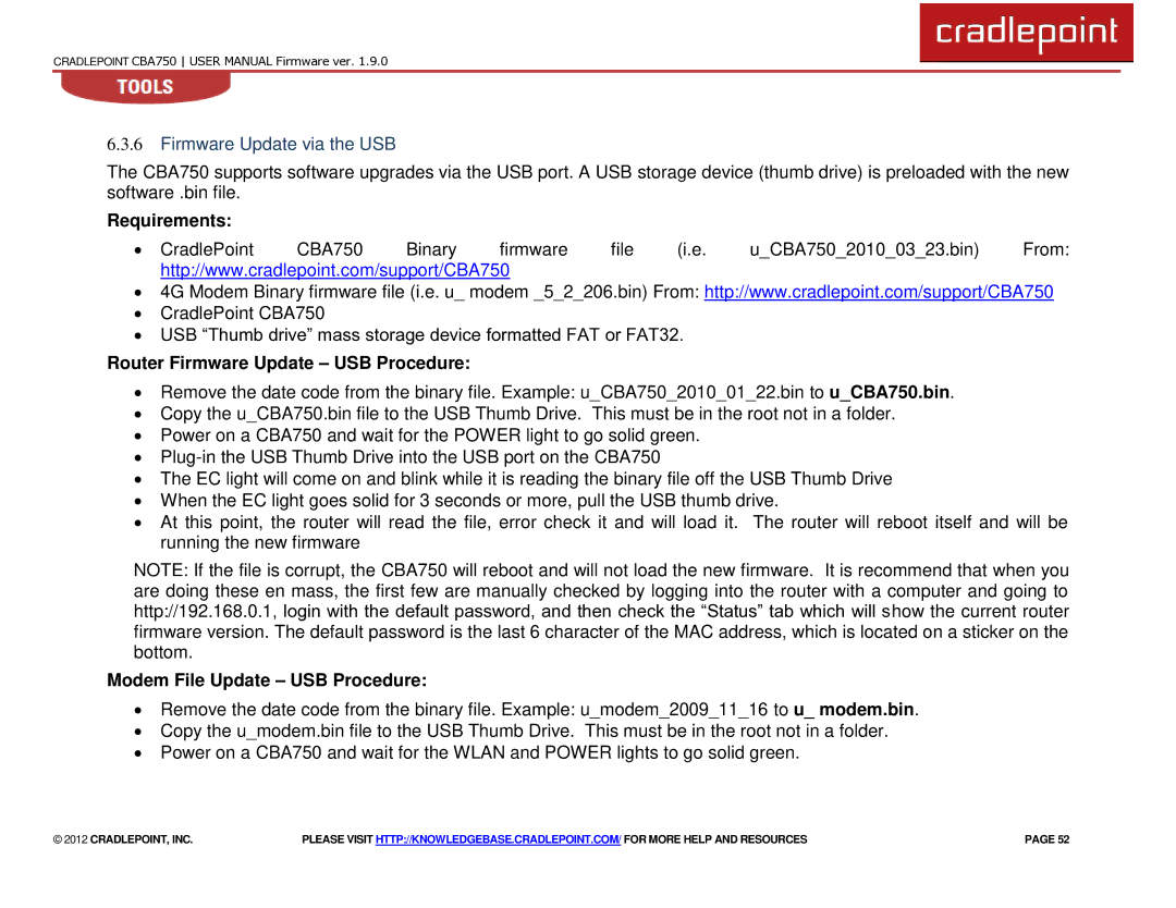 Cradlepoint CBA750 manual Firmware Update via the USB, Requirements, Router Firmware Update USB Procedure 