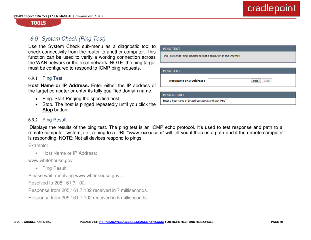 Cradlepoint CBA750 manual System Check Ping Test, Ping Result 