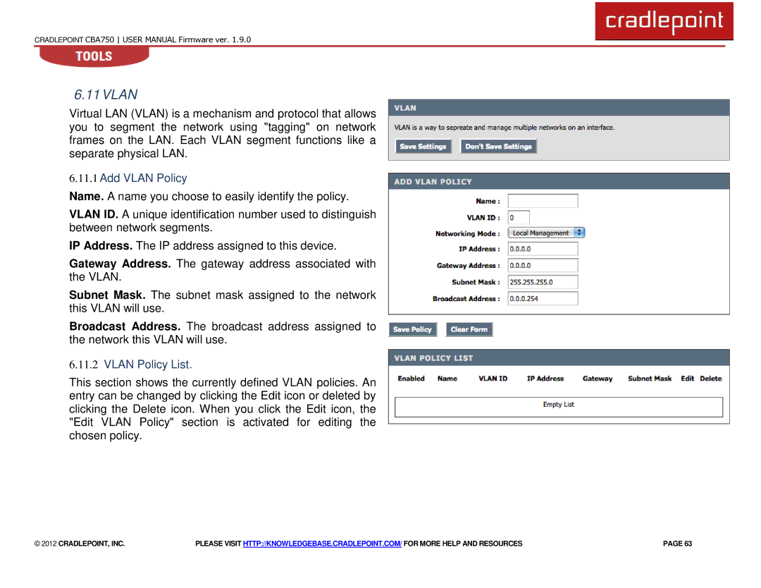 Cradlepoint CBA750 manual Add Vlan Policy, Vlan Policy List 