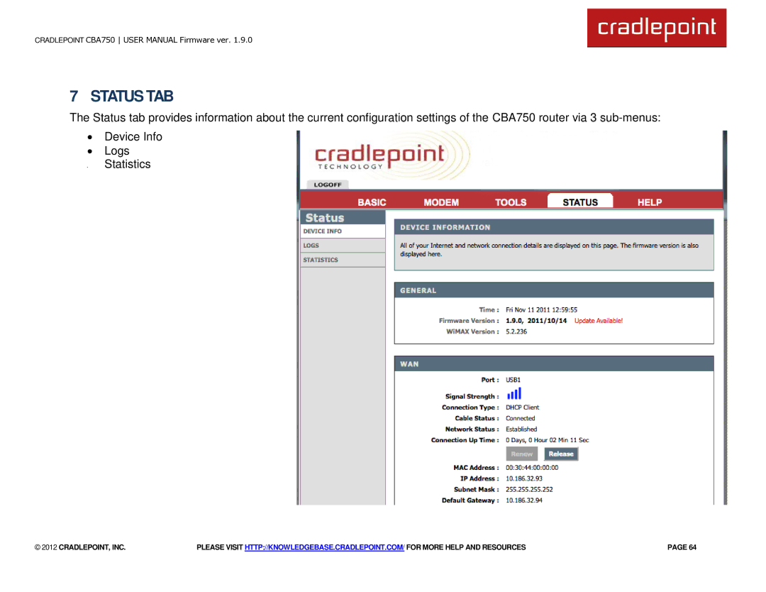 Cradlepoint CBA750 manual Status TAB 