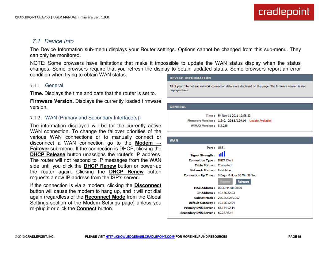 Cradlepoint CBA750 manual Device Info, General, WAN Primary and Secondary Interfaces 