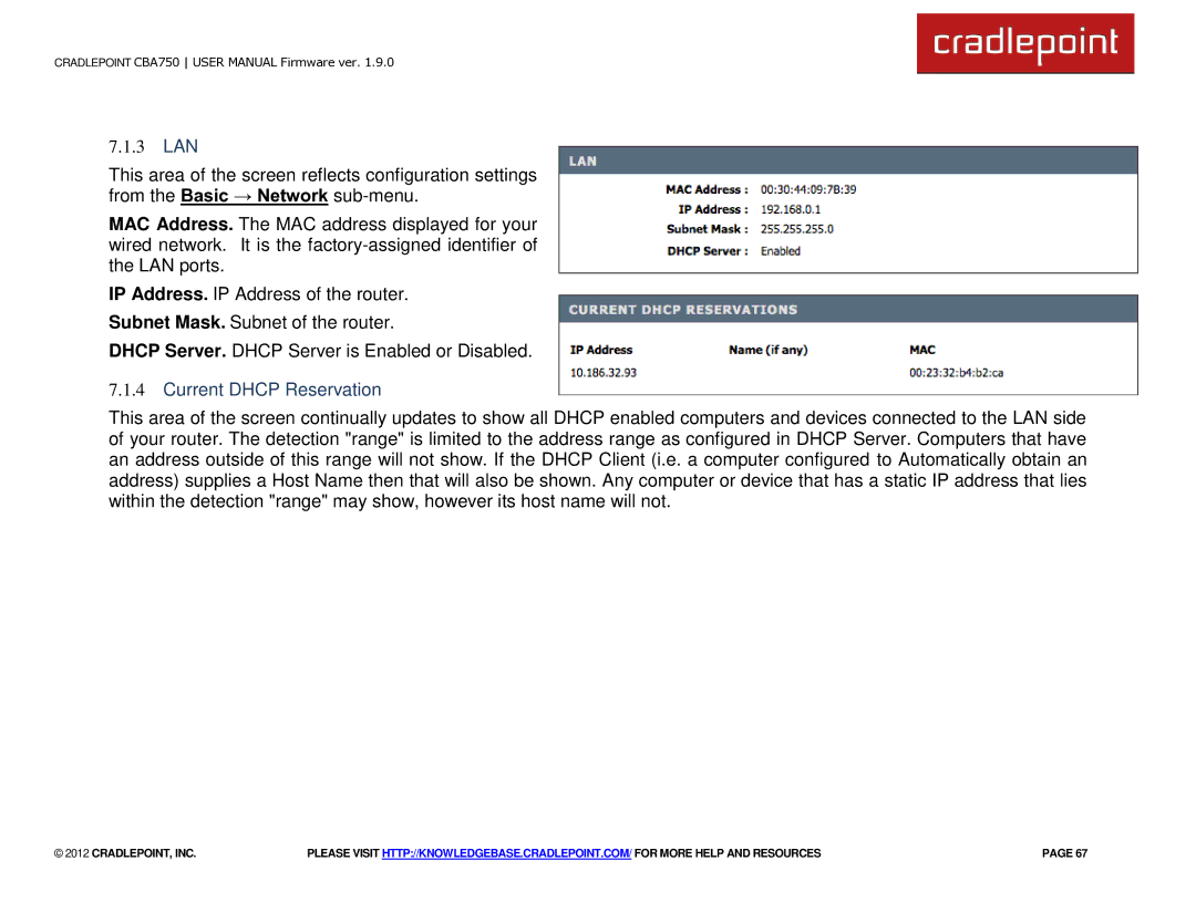 Cradlepoint CBA750 manual 3 LAN, Current Dhcp Reservation 