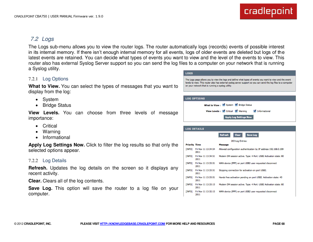 Cradlepoint CBA750 manual Logs, Log Options, Log Details 